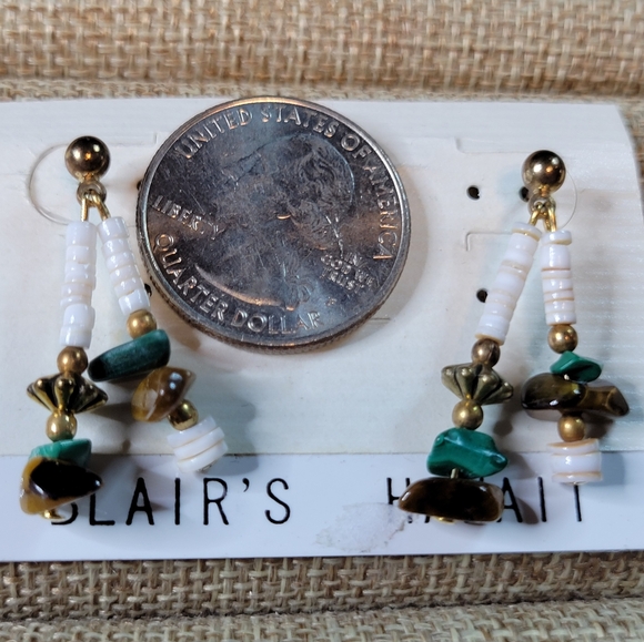 Vintage Blair's Hawaii Dangle Earrings Shell, Tiger Eye, Malachite NWT Post Back - Picture 3 of 4